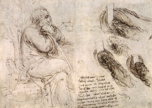 A seated man, and studies and notes on the movement of water