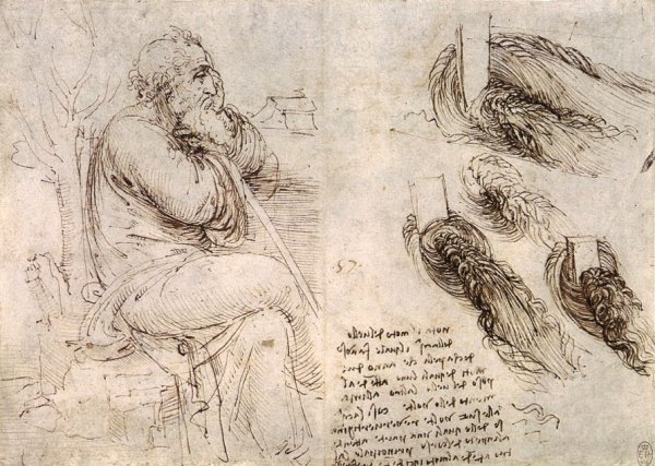 A seated man, and studies and notes on the movement of water